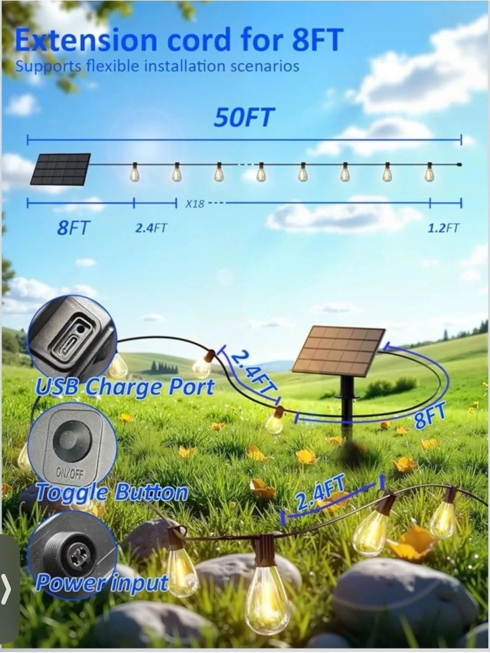 Solar String Light Kit with 50ft Cable - Warm White LED Outdoor Lighting